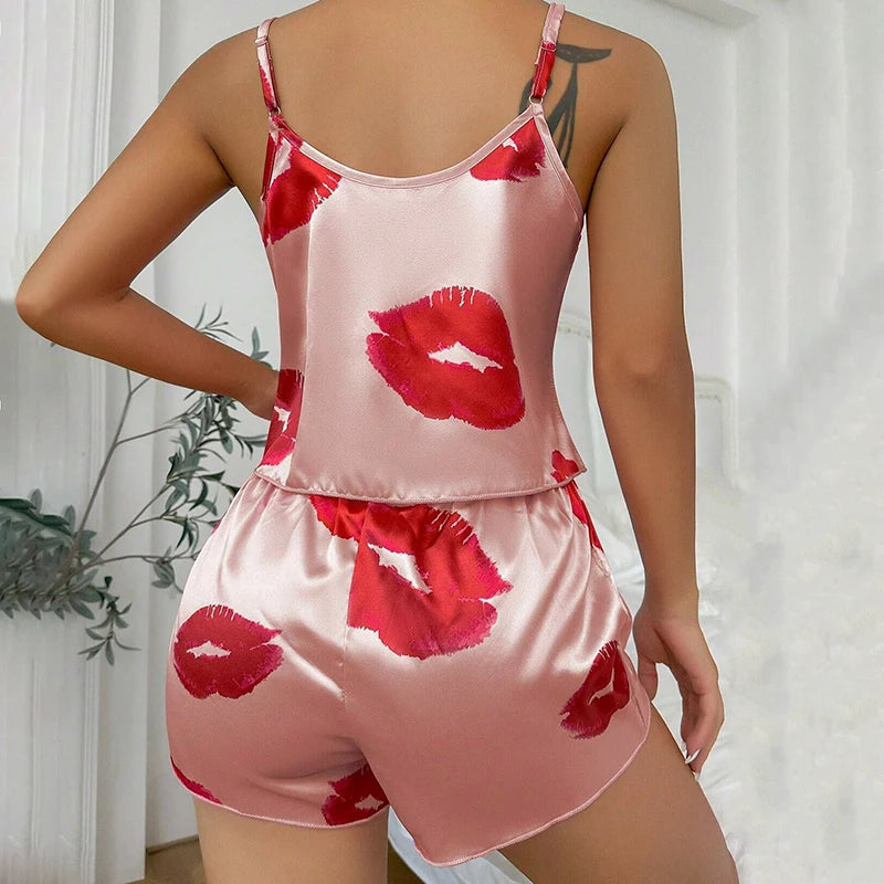 Satin Lace Cami and Shorts Pajama Set - Summer Two Piece Sleepwear