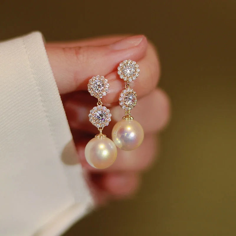 Rhinestone Flower Stud Earrings - Pearl Crystal Korean Party Jewelry