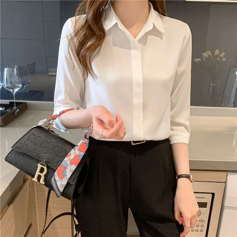 Solid Turn Down Collar Blouse - Slim Office Lady Button Shirt