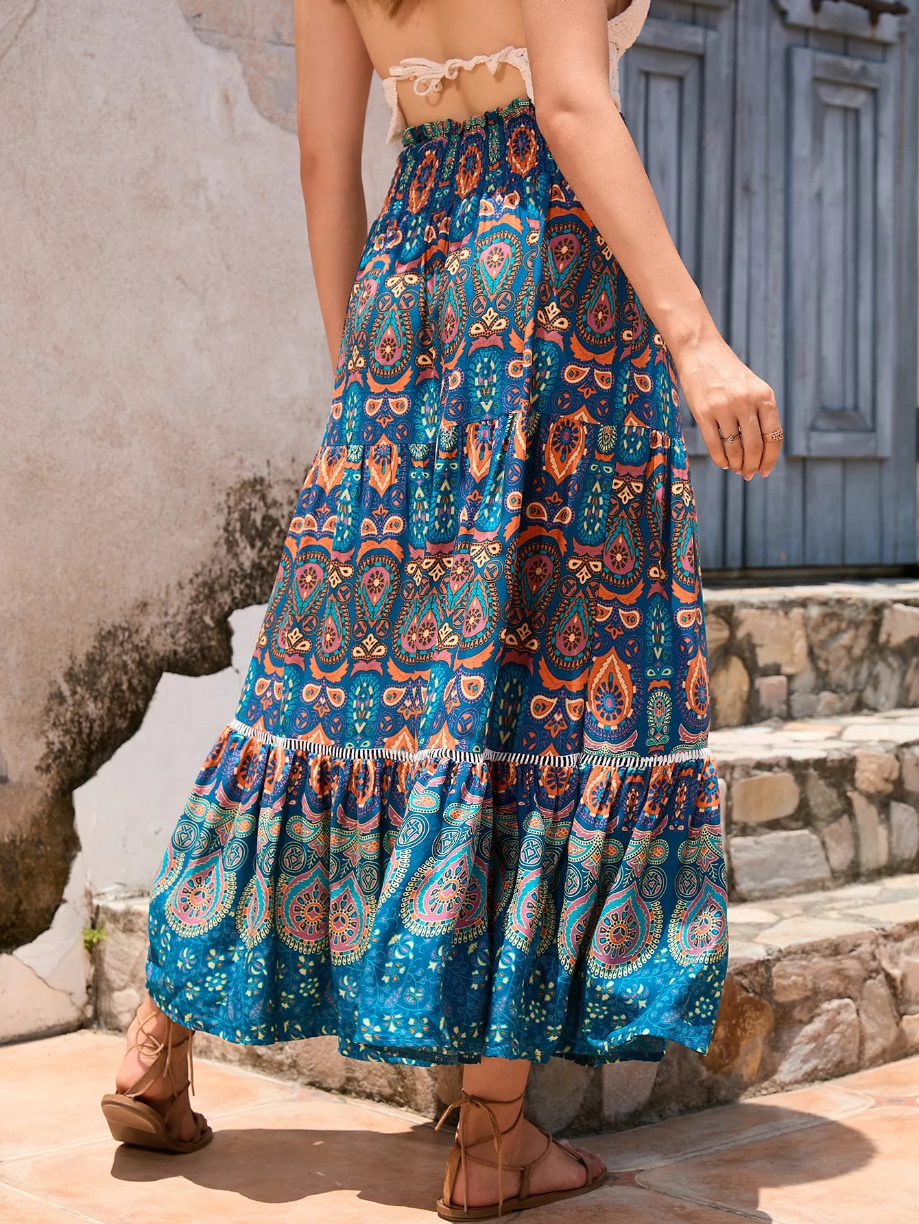 Bohemian Printed Travel Skirt - Ethnic Spliced A-Line Beach Midi Skirt