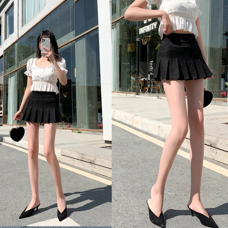 High Waist Lace Pleated Mini Skirt - Sweet Black White Student Skirt
