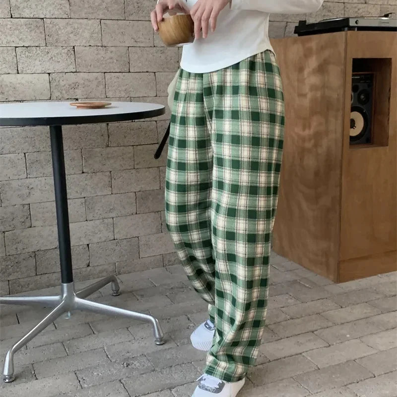 Fleece Lined Plaid Trousers - High Waisted Straight Winter Pants