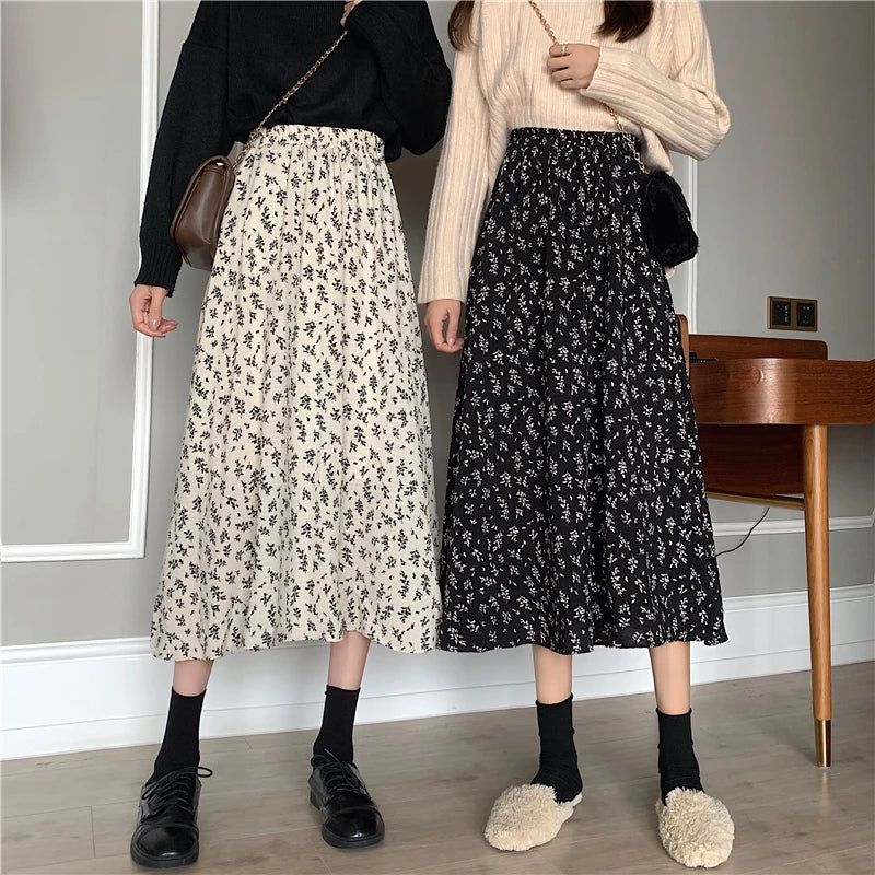 Vintage Floral Pleated Midi Skirt - Drawstring Elastic Waist Summer Skirt