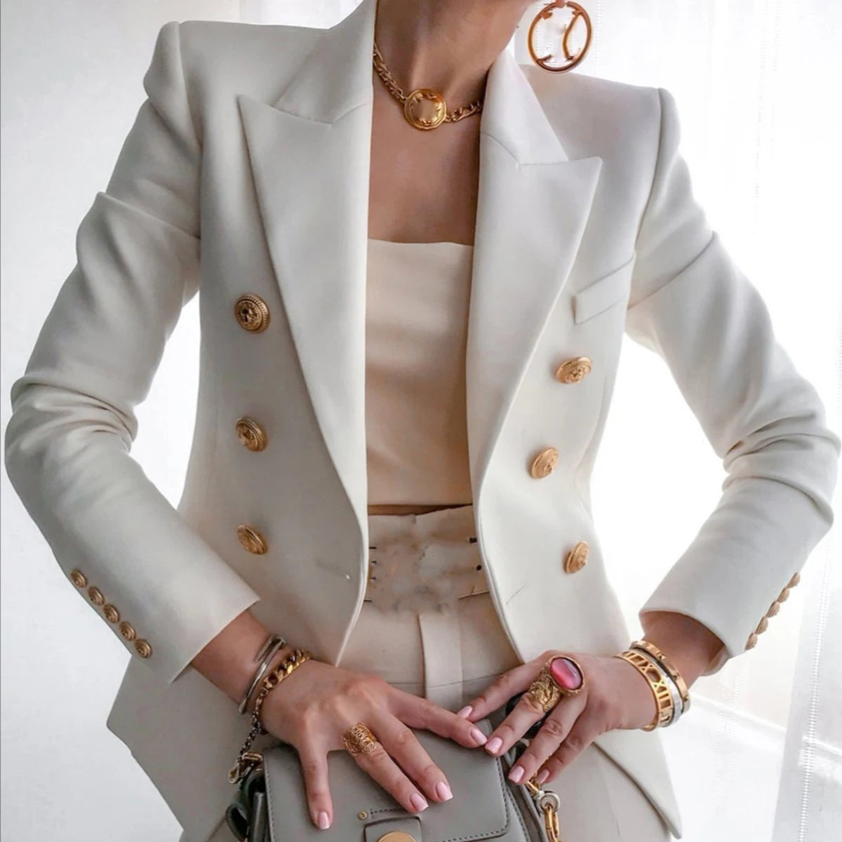 Turn Down Collar Office Blazer - Solid Long Sleeve Suit Coat