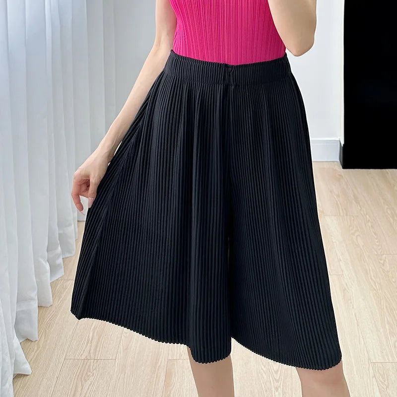 Pleated Five Point Shorts - Loose High Waist Drape Summer Mid Pants