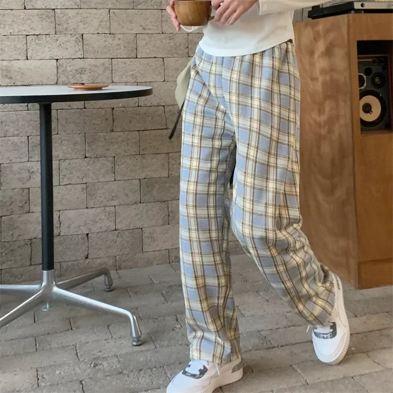 Fleece Lined Plaid Trousers - High Waisted Straight Winter Pants