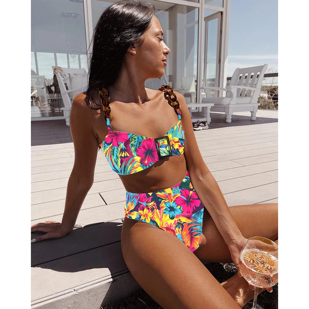 High Waist Ruffle Bikini Set - Ribbed Bandeau Brazilian Swimwear