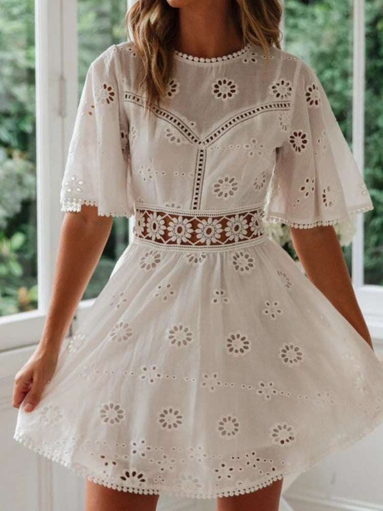 White Embroidered Backless Mini Dress - Hollow Out Cotton Party Outfit