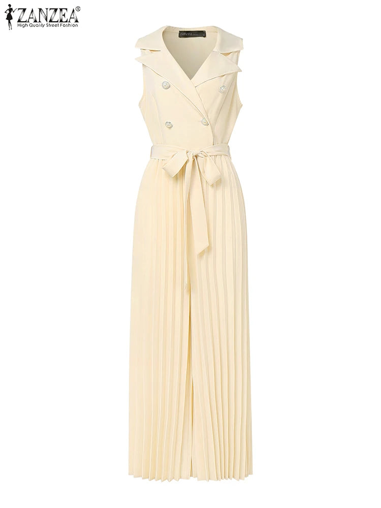 ZANZEA V Neck Pleated Jumpsuit - Sleeveless Wide Leg Workwear