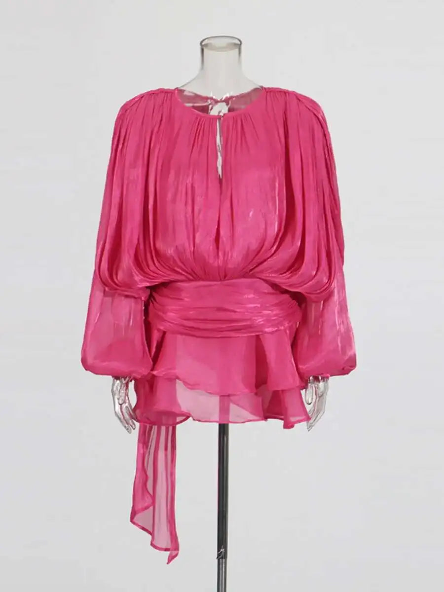 Lace Up Blouse Mini Dress - V Neck Long Sleeve Sweet Style Outfit