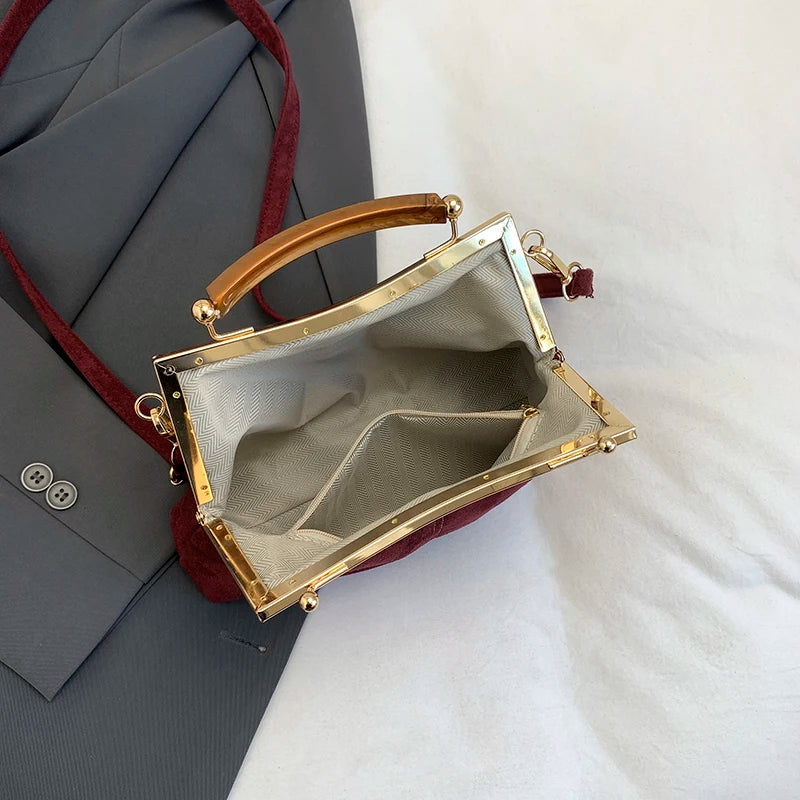 Suede Wooden Handle Top Bag - Vintage Gold Tone Frame Purse