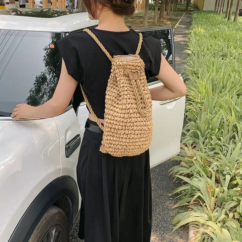 Straw Large Capacity Backpack - Simple Summer Woven Day Bag
