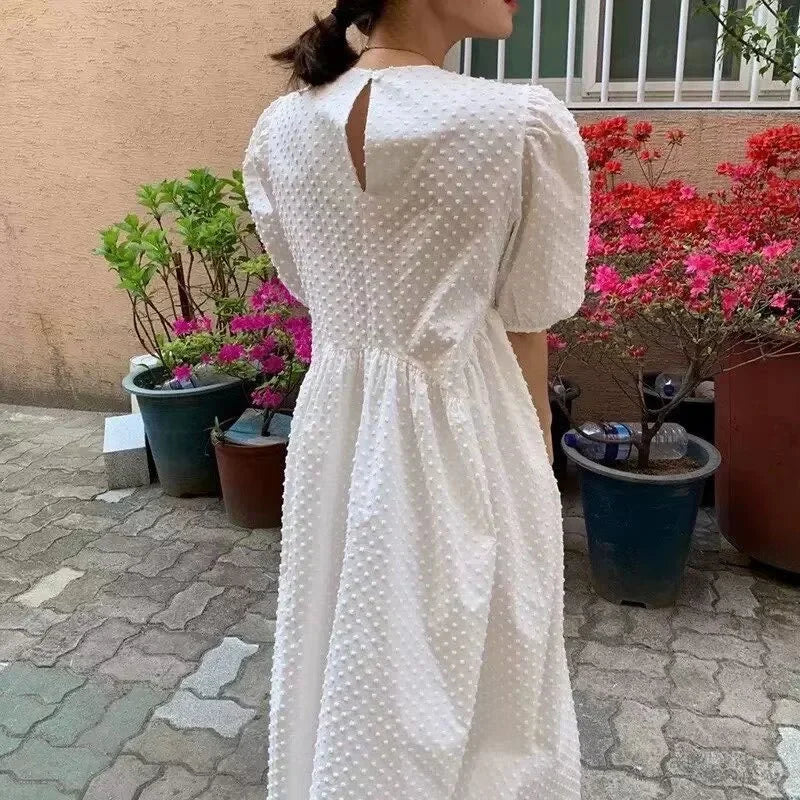 Polka Dot Puff Sleeve Long Dress - Casual O Neck Party Outfit