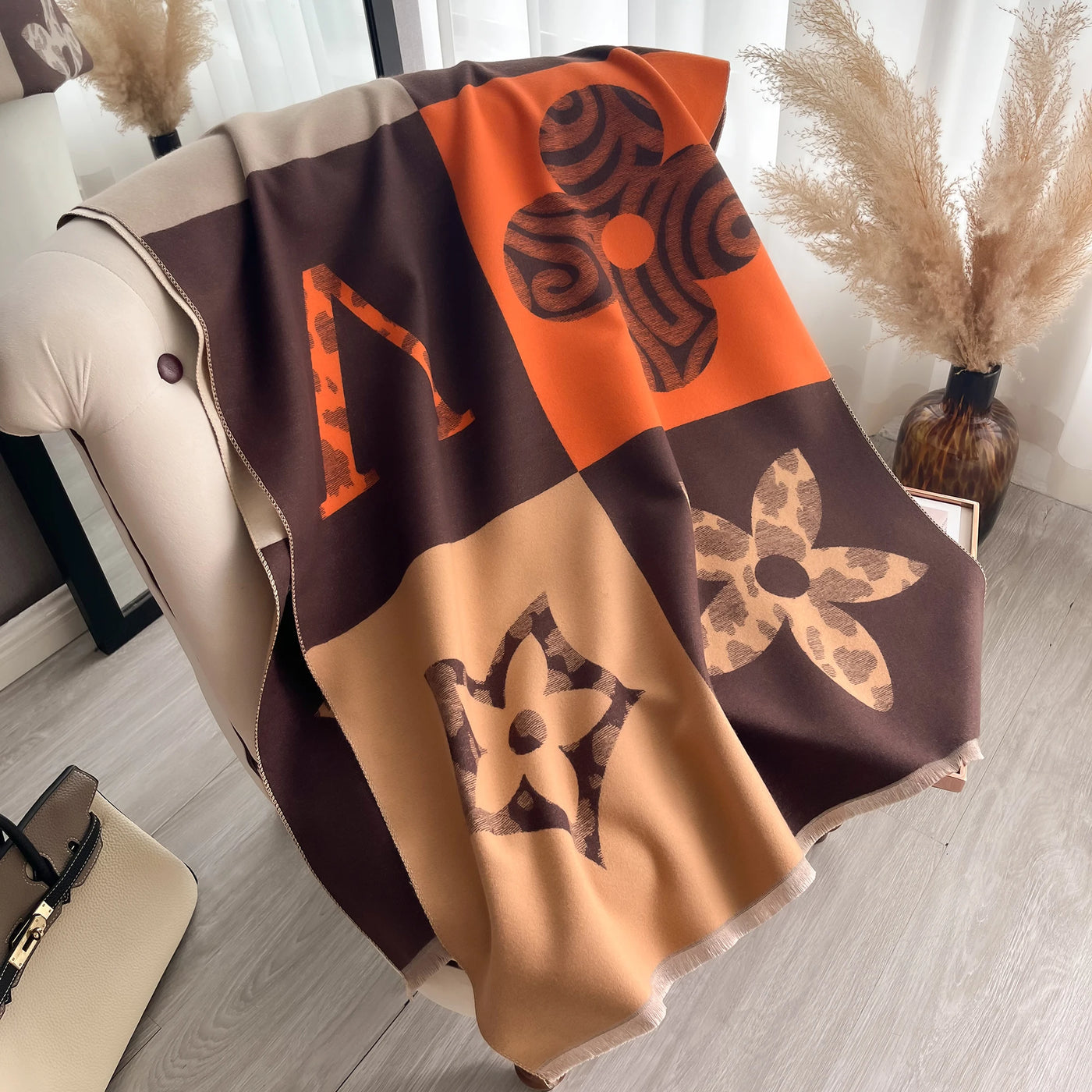 Floral Print Cashmere-Feel Scarf - Soft Autumn Winter Shawl