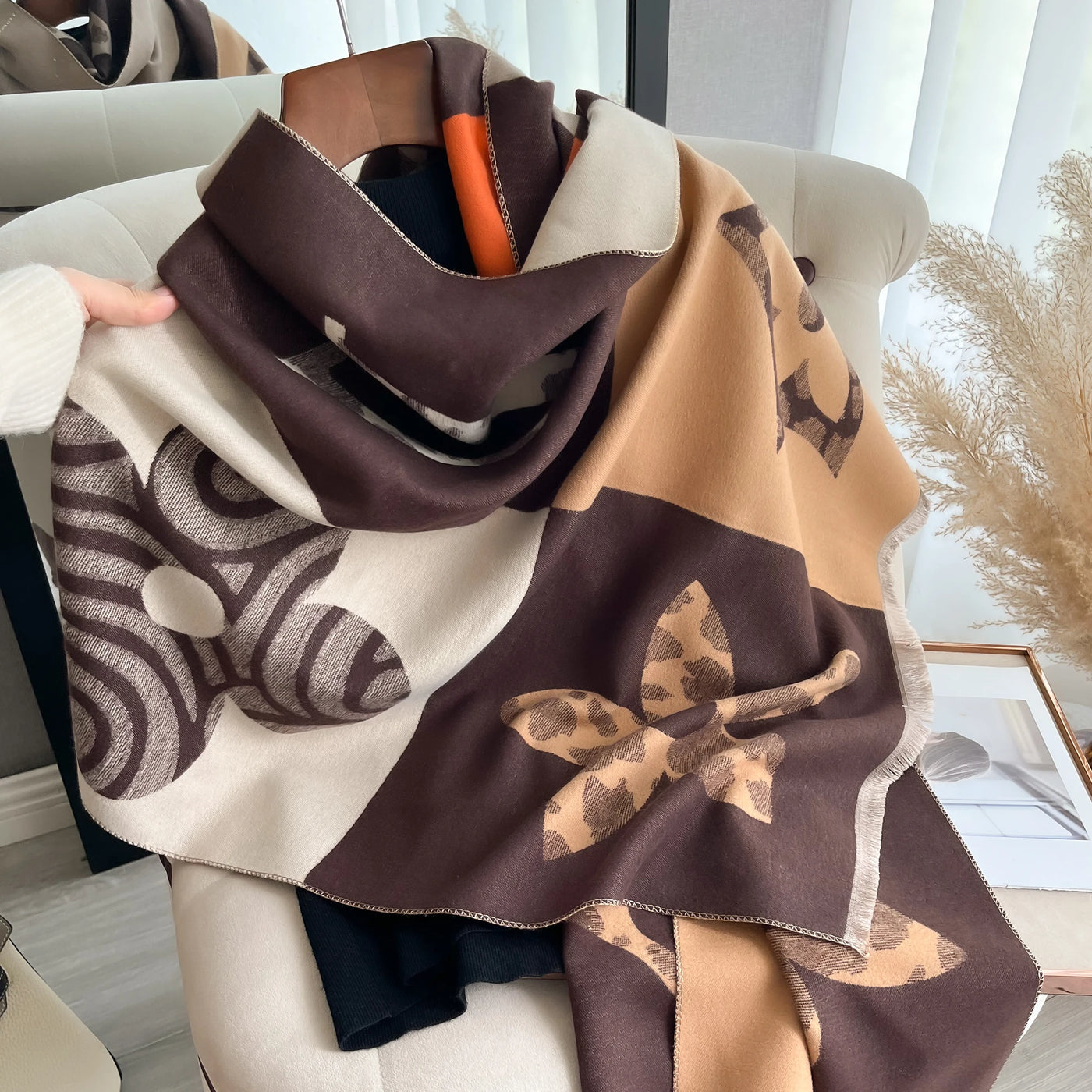 Floral Print Cashmere-Feel Scarf - Soft Autumn Winter Shawl