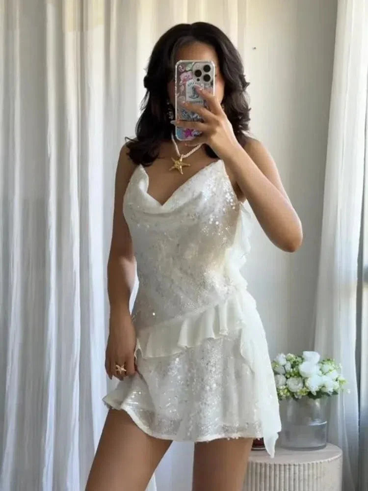 White Sequin Halter Dress - Backless Ruffle Party Prom Outfit