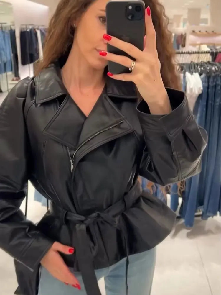 Faux Leather Belted Trench Jacket - Short Motorcycle Style Coat