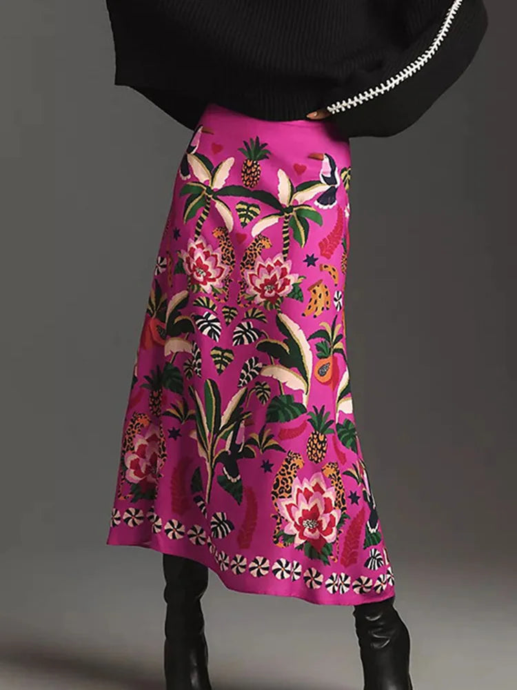 Floral Printed A-Line Skirt - Summer Autumn Zipper Midi Skirt