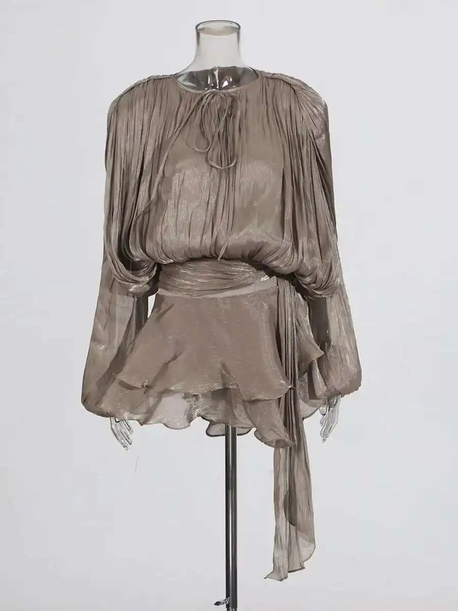 Lace Up Blouse Mini Dress - V Neck Long Sleeve Sweet Style Outfit