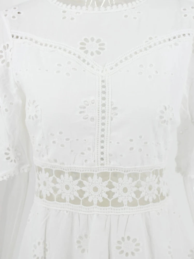 White Embroidered Backless Mini Dress - Hollow Out Cotton Party Outfit