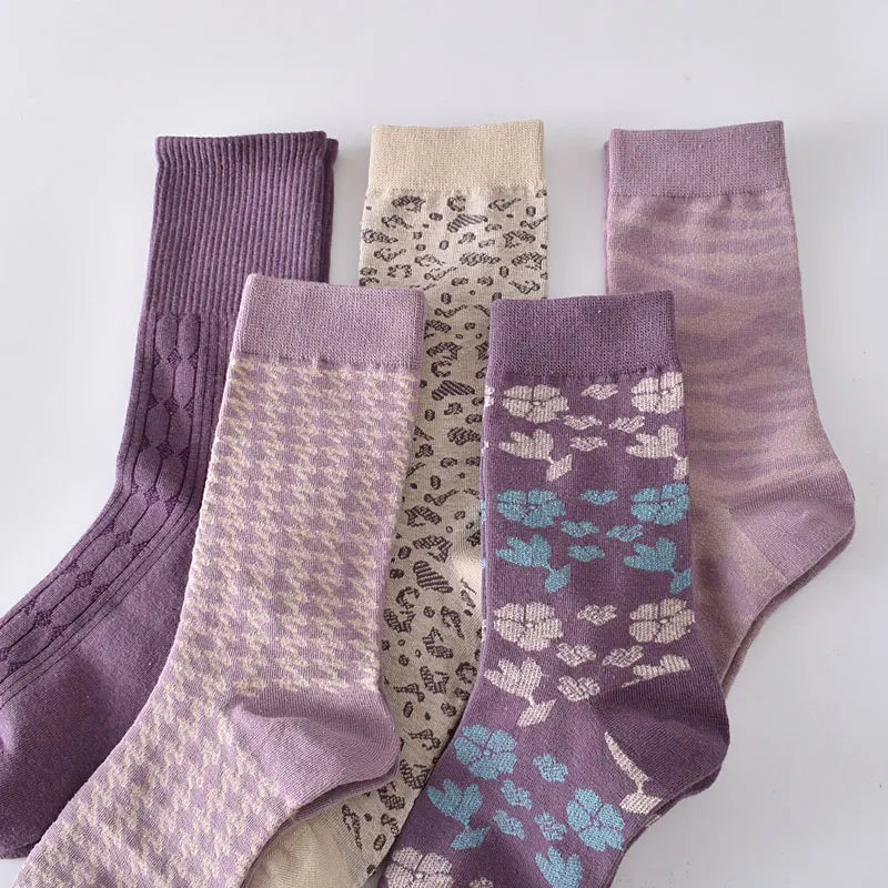 Floral Embossed Knit Socks - Retro Harajuku 5 Pair Style
