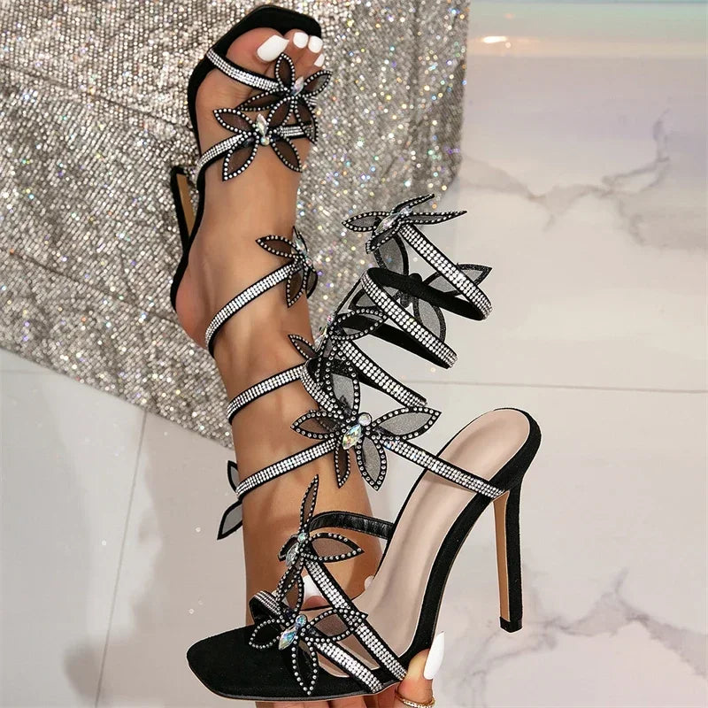 Crystal Butterfly Ankle Strap Sandals - Peep Toe Stiletto Party Pumps