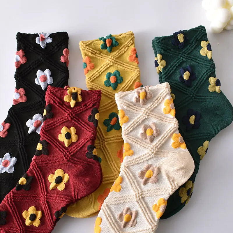 Floral Embossed Knit Socks - Retro Harajuku 5 Pair Style
