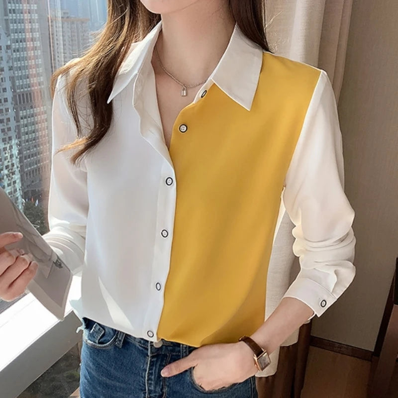 Solid Turn Down Collar Blouse - Slim Office Lady Button Shirt