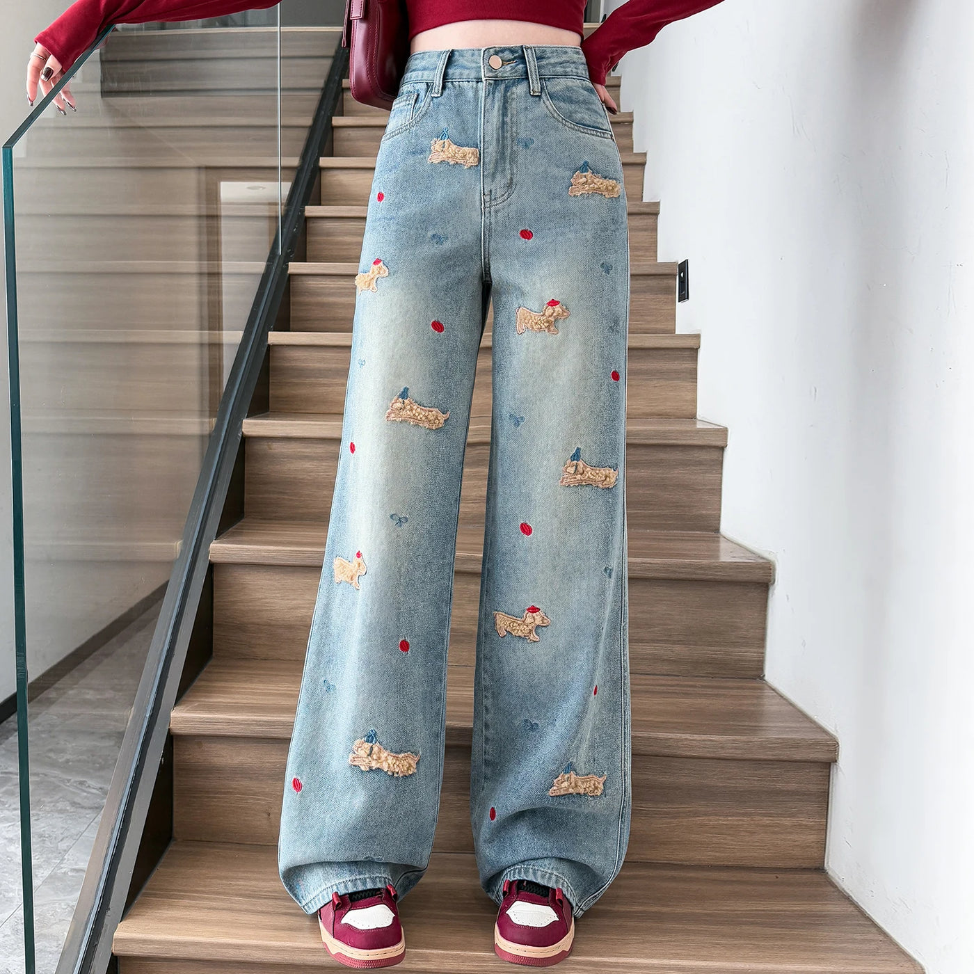 Embroidered Dog Straight Leg Jeans - Korean Loose Denim Pants