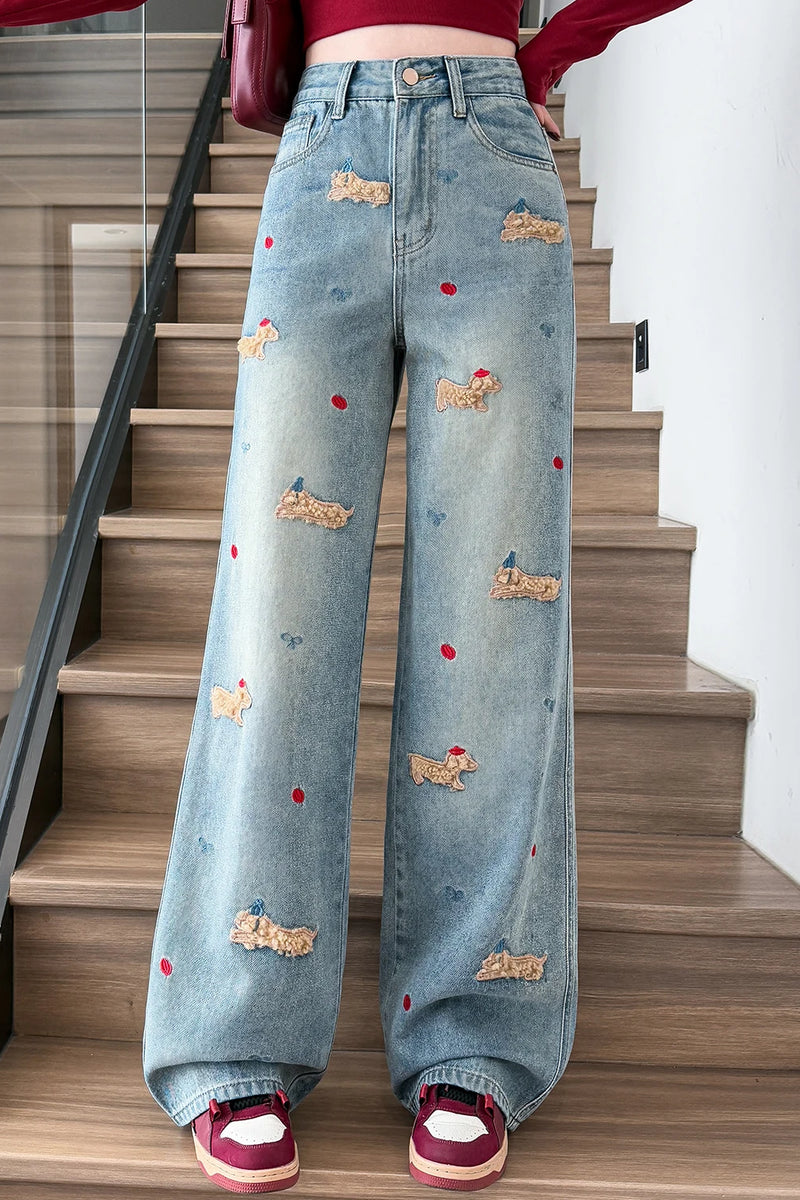 Embroidered Dog Straight Leg Jeans - Korean Loose Denim Pants
