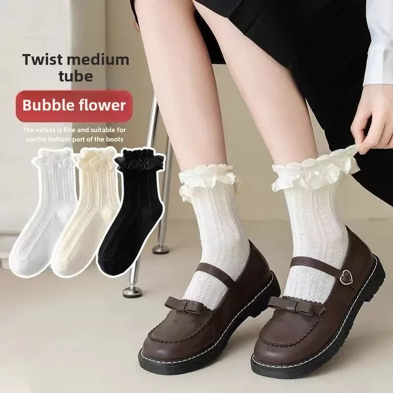 Lace Bow Ruffle Socks - Japanese Lolita Mid Tube Stockings