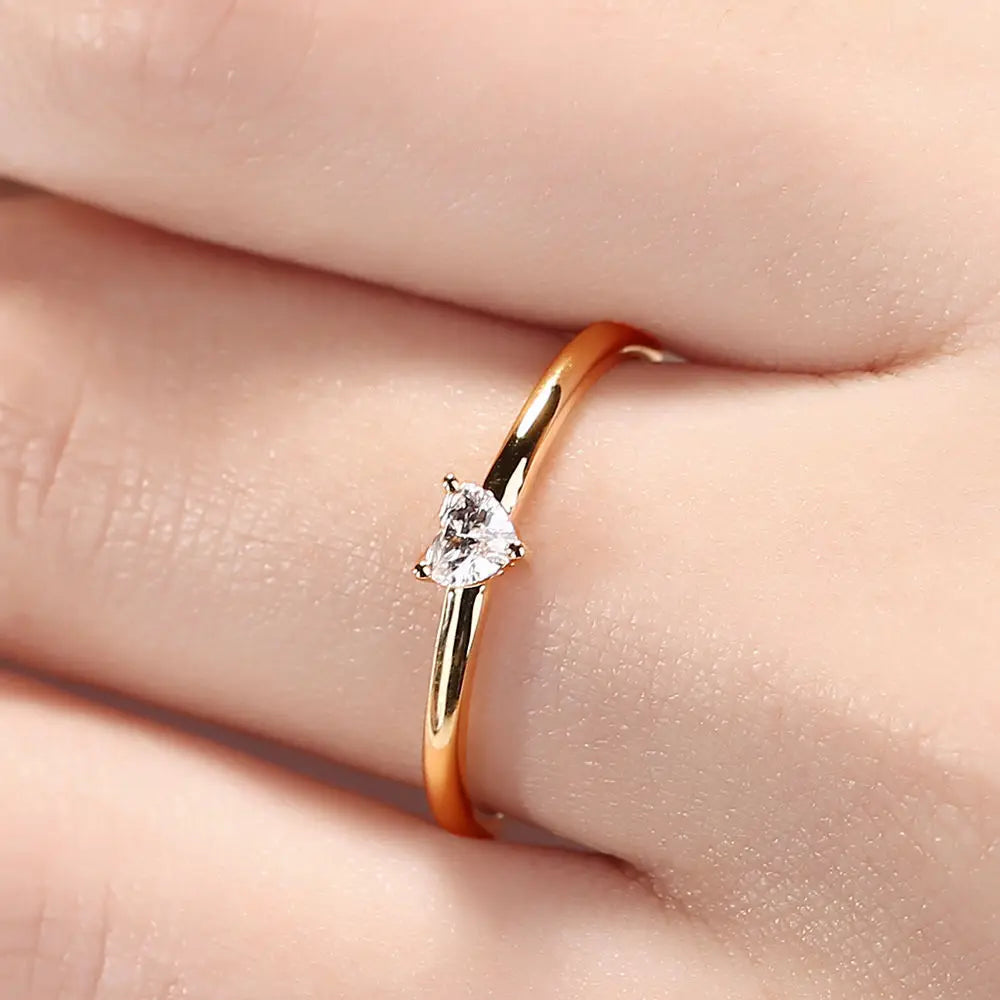 Sweet Heart Zircon Thin Ring - Minimalist Gold Color Proposal Jewelry