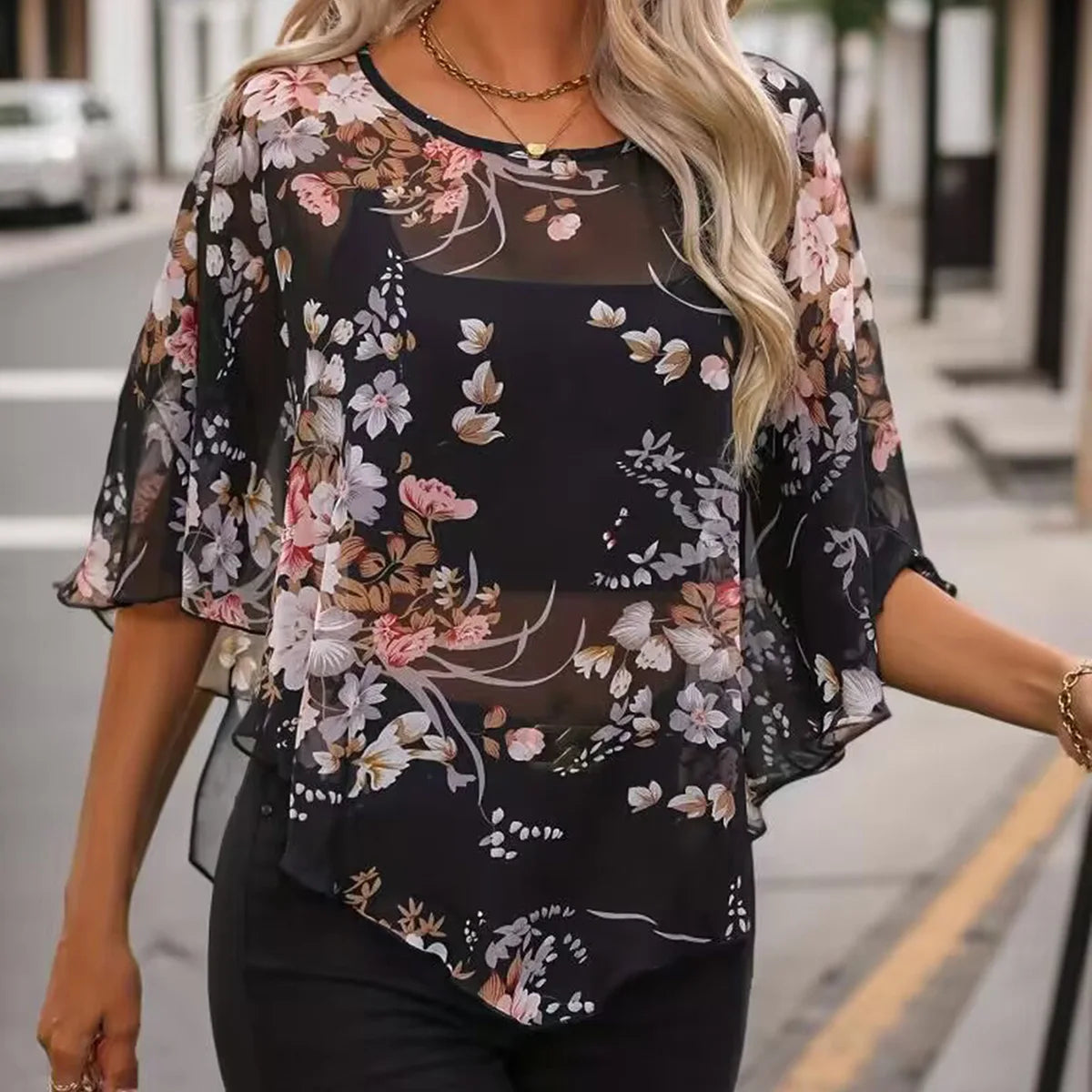 Floral Chiffon Bat Sleeve Blouse - Sheer Loose Vintage Top