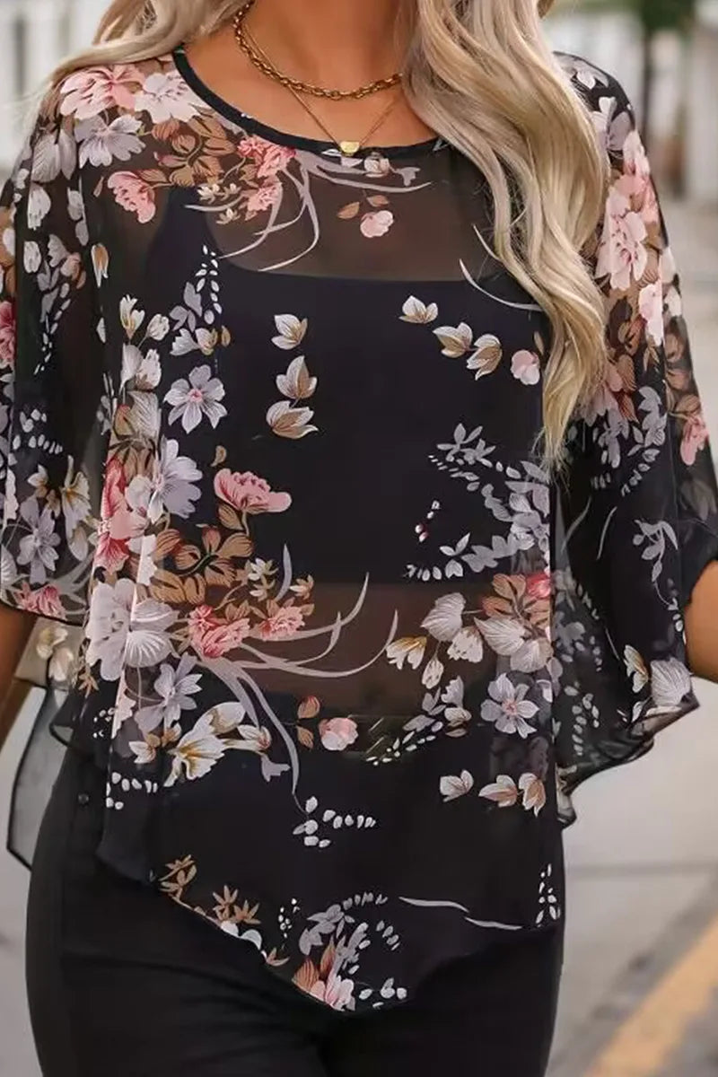 Floral Chiffon Bat Sleeve Blouse - Sheer Loose Vintage Top