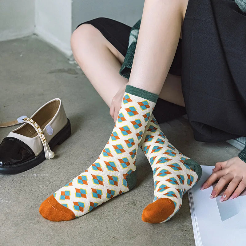 Diamond Fruit Flower Long Socks - Cute Colorful Pattern Crew Pair