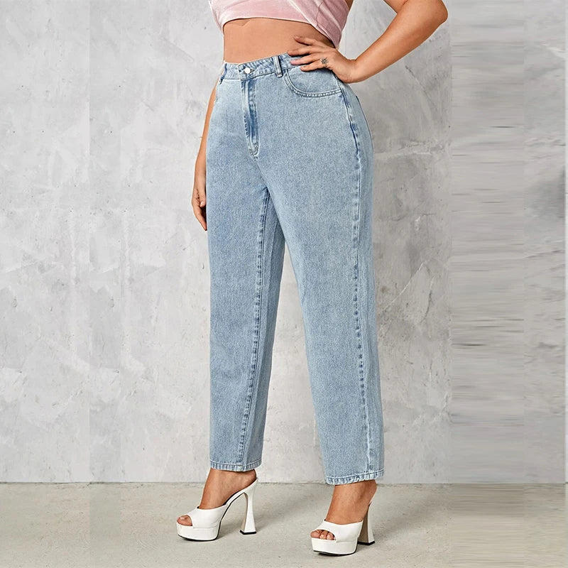 Plus Size Dark Blue Stretch Jeans - Loose Straight Autumn Denim Pants