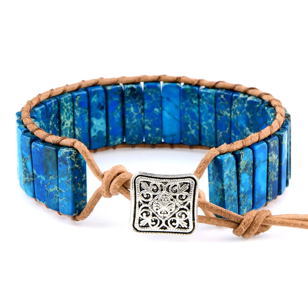 Multicolor Natural Stone Leather Wrap Bracelet - Tibetan Gypsy Bead Jewelry