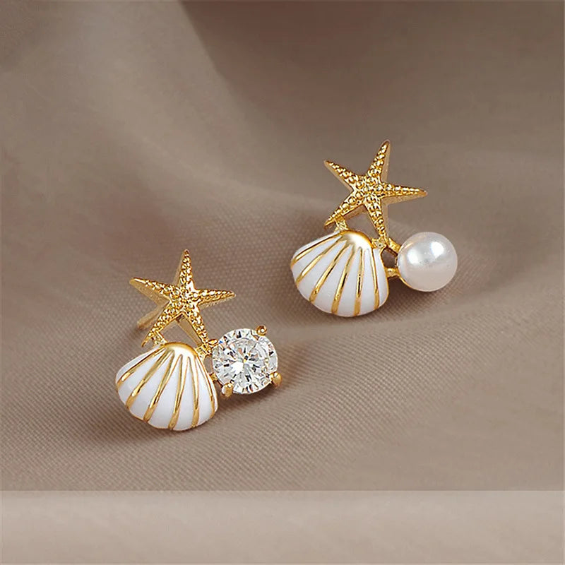 Shell Starfish Stud Earrings - Asymmetric Pearl Rhinestone Jewelry