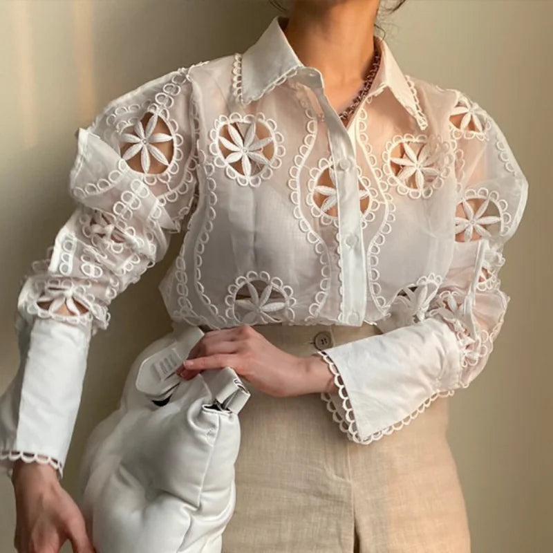 White Embroidered Hollow Blouse - Long Sleeve Vintage Office Top