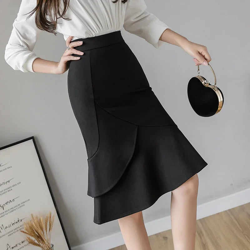 Elegant Black Bodycon Midi Skirt - High Waist Office Corset Skirt