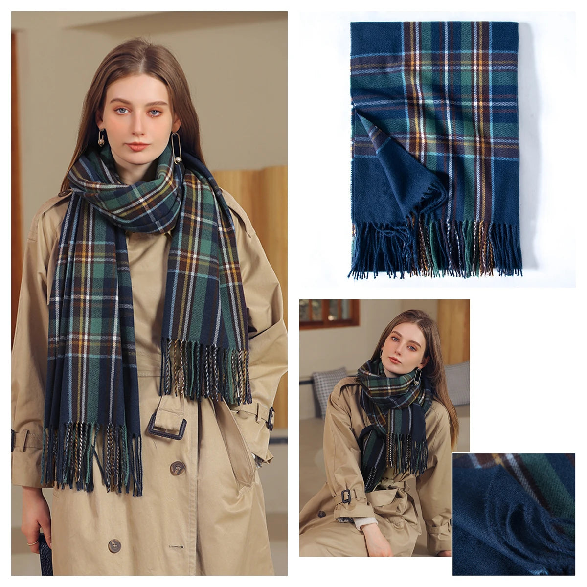 Classic Plaid Blanket Scarf - Cashmere-Feel Large Warm Shawl