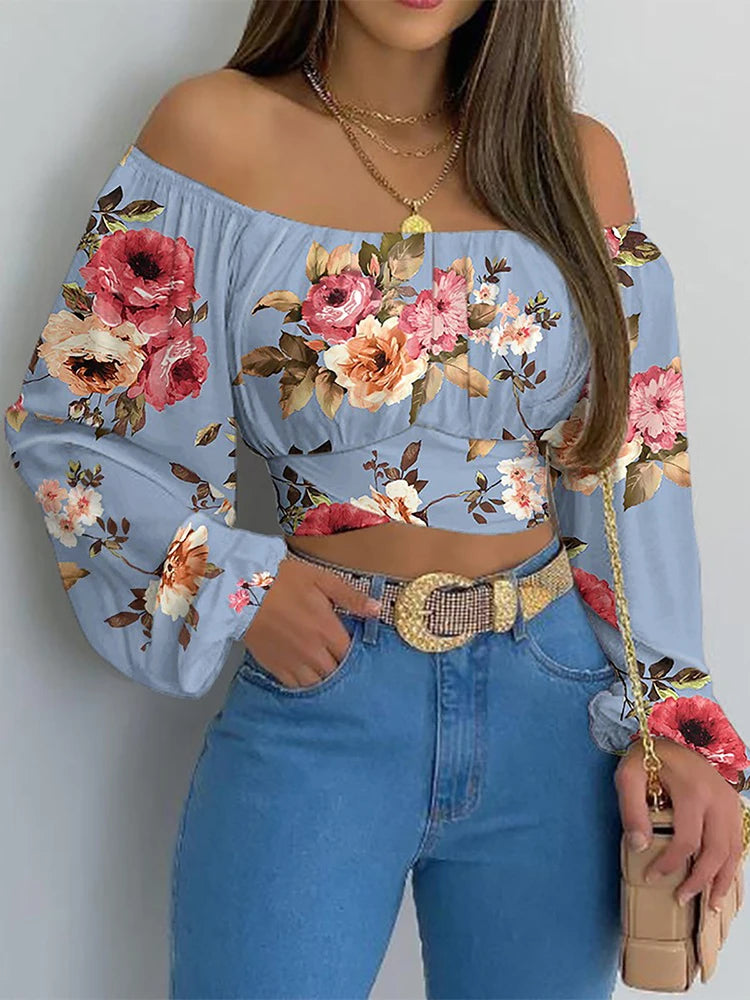 Off Shoulder Lantern Sleeve Blouse - Lace Up Bow Cropped Top