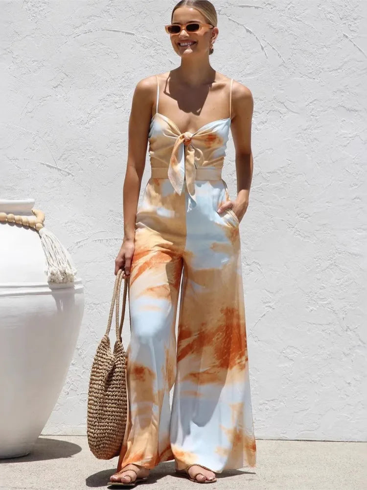 Printed Spaghetti Strap Bowknot Jumpsuit - High Waist Vacation Outfit
