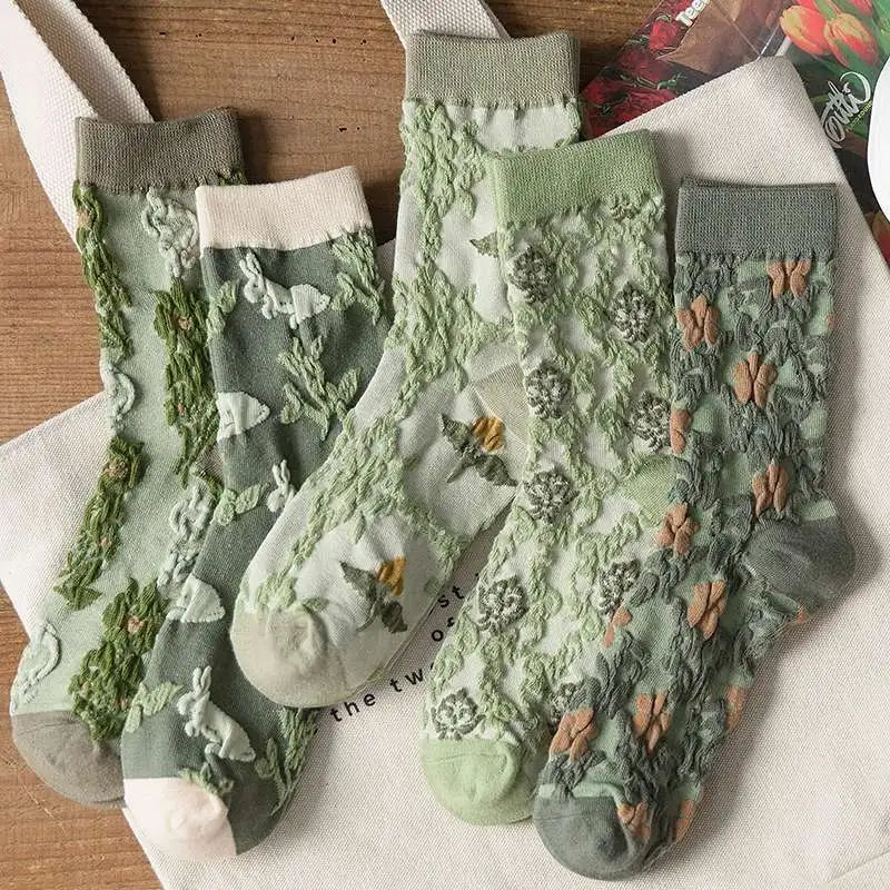 Floral Embossed Knit Socks - Retro Harajuku 5 Pair Style