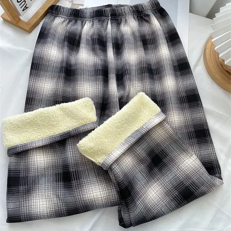 Fleece Lined Plaid Trousers - High Waisted Straight Winter Pants