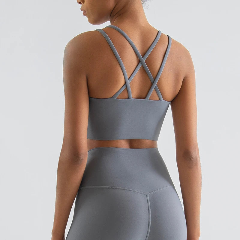 Nylon Cross Back Sports Bra - Elastic Yoga Gym Bralette