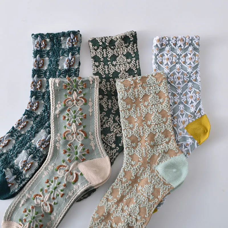 Floral Embossed Knit Socks - Retro Harajuku 5 Pair Style