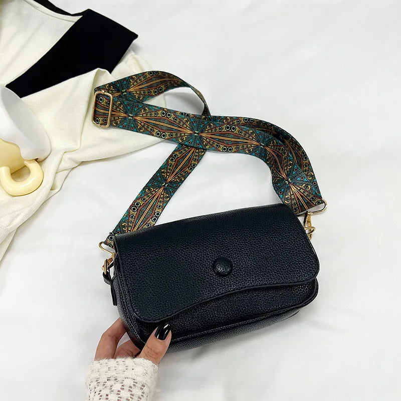 Wide Strap PU Leather Crossbody Bag - Small Flap Shoulder Purse