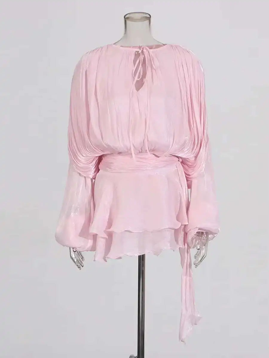 Lace Up Blouse Mini Dress - V Neck Long Sleeve Sweet Style Outfit