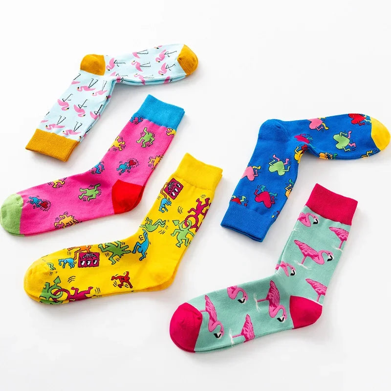 Cartoon Flamingo Cotton Crew Socks - Funny Harajuku Casual Pair